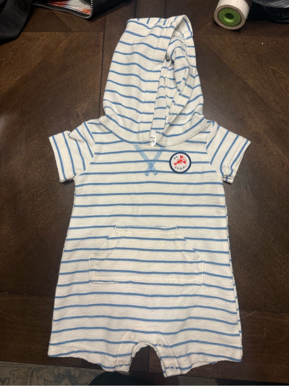 Carter's Hooded Short-Sleeve Romper in White and Light Blue Stripes